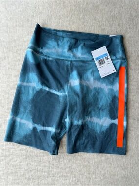 Women's Teal Tie-Dye High-Waist Shorts with Orange Stripe